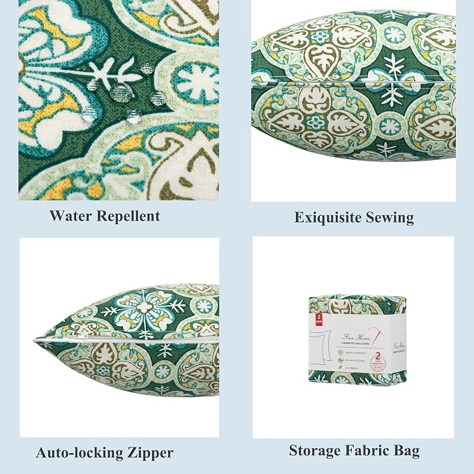 FUNHOME Outdoor Lumbar Pillow Covers 12X20 Inch, No Insert-Green Medal | Patio Lumbar Cases Pack of 2, Water-Repellent, Throw Pillowcase for Couch Garden Furniture