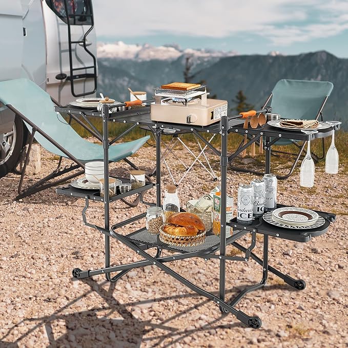Goplus Camping Kitchen Table Station, Outdoor Portable Grill Table with Aluminum Tabletop, 4 Side Tables, Storage Rack, Folding Cooking Table for Outside Picnic BBQ RV Garden Patio Dining