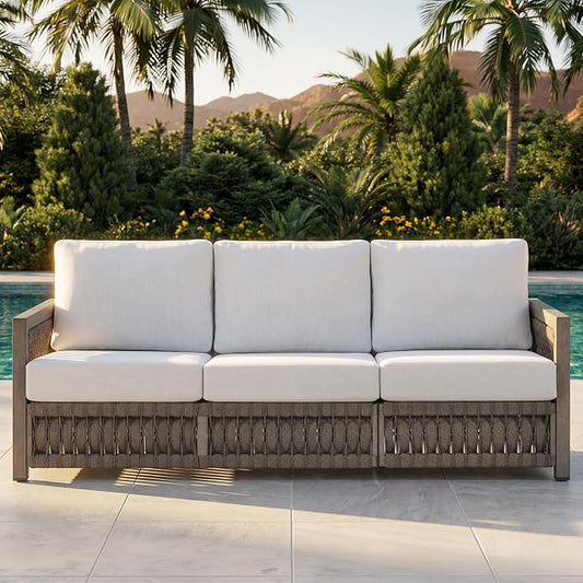 3-Seater Outdoor Sofa, All-Weather Aluminum Patio Sofa with Rope Weave & Widened Armrests, Deep Seating Cushions Patio 3-Seat Sofa for Garden, Deck, Porch, Balcony, Gray Oak