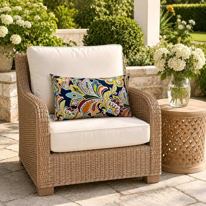 Pack of 2 Patio Lumbar Pillows 12"x20" | Fade Resistant Outdoor Waterproof Lumbar Pillow with Inners Decorative Garden Lumbar Cushions for Home Patio Terrace Sofa