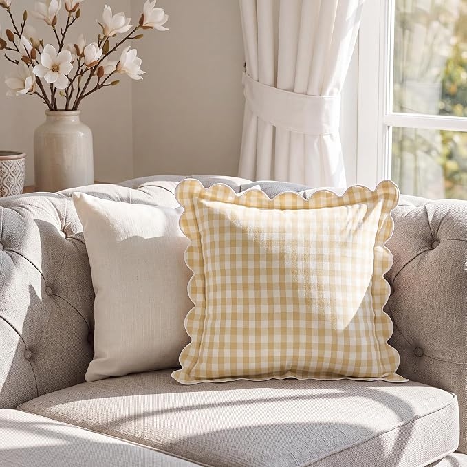 Gingham Scalloped Throw Pillow Cover 20"x20",Beige