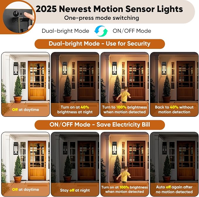2-Pack 18” Large Motion Sensor Outdoor Wall Lights, Bronze | Auto ON/OFF, 3 Lighting Modes, Waterproof, Rust-Resistant, Durable Metal with Clear Glass, Dual E12 Sockets, Easy to Install