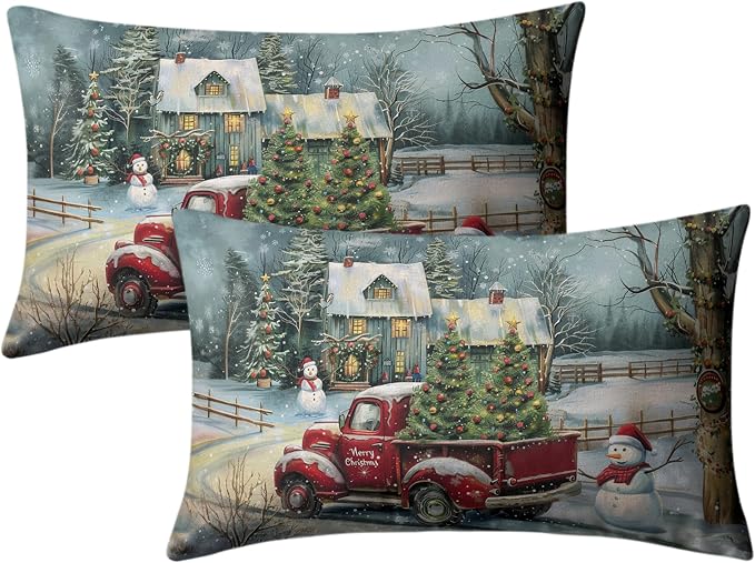Christmas Lumbar Pillow Covers 12x20 Red Truck with Christmas Trees Snowman Rectangle Pillow Case Xmas Holiday Waist Cushion Case for Bedding Couch Patio Bench Set of 2