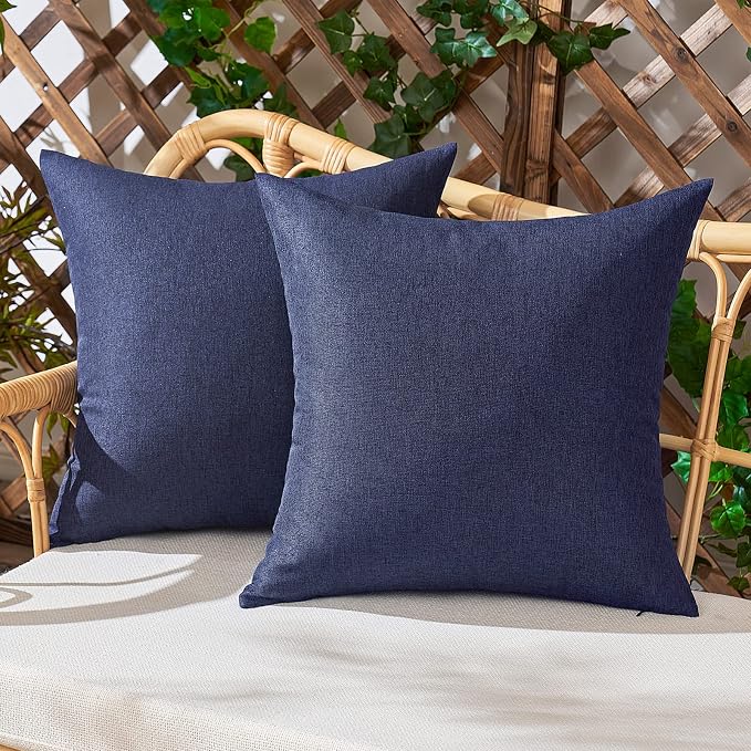 Outdoor Waterproof Throw Pillow Covers Dark Blue 16x16 Set of 2 | Decorative Farmhouse Linen Pillowcases Solid Cushion Cases for Patio Tent Balcony Couch Sofa Living Room