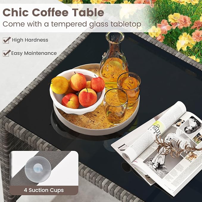 HAPPYGRILL 4 Piece Rattan Wicker Patio Conversation Set, Outdoor Furniture with Chair Loveseat Table & Cushion, for Backyard Porch Balcony (1, Navy)