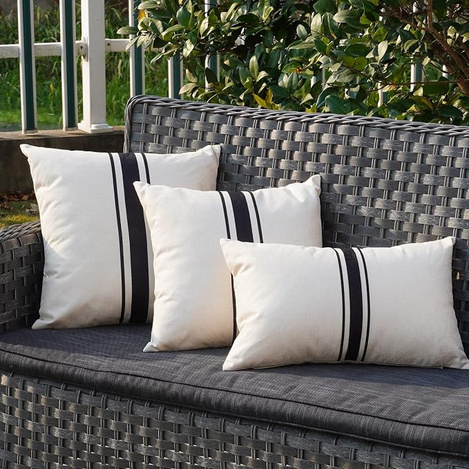 ONWAY Outdoor Pillow Covers Waterproof 16x16 Set of 2 Decorative Linen Throw Pillow Cover Beige and Black Striped Outdoor Pillows for Patio Furniture