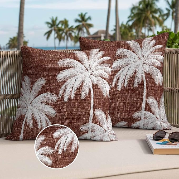 Outdoor Pillow Covers 20x20 Inch Set of 2, Brown Palm Trees Waterproof Throw Pillow Covers, Farmhouse Tropical Summer Beach Decorative Cushion Pillowcases for Couch, Sofa, Bed, Garden, Patio