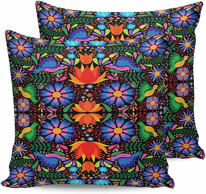 Outdoor Waterproof Throw Pillow Covers Set of 2 Colorful Mexican Floral Pillowcases 20x20 Inches Bird Rustic Assorted Flower Decorative Pillows Cushion Case Patio Pillows for Couch Bed Chair Garden