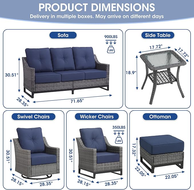 5 Piece Patio Furniture Set, Grey Wicker Outdoor Conversation Set with 2 Wicker Chairs, Side Table and 2 Ottomans, 6-Inch Thick Cushions, Blue Olefin Covers for Patio and Porch