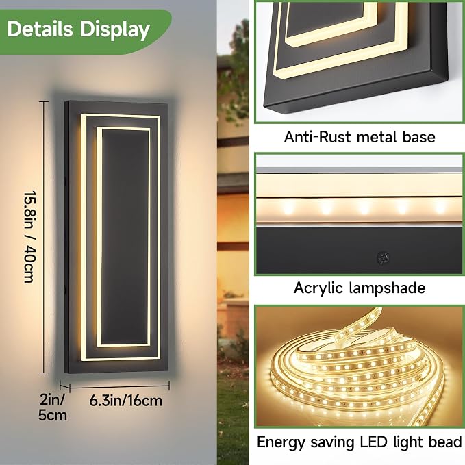 Outdoor Front Porch Light Fixtures,Outdoor Wall Sconce 15.7 in,24W | 2-Tier Black Modern LED Exterior Lights Outside Wall Lights For House,Garage, Patio,Waterproof ,3000K Warm White, 1 Pack