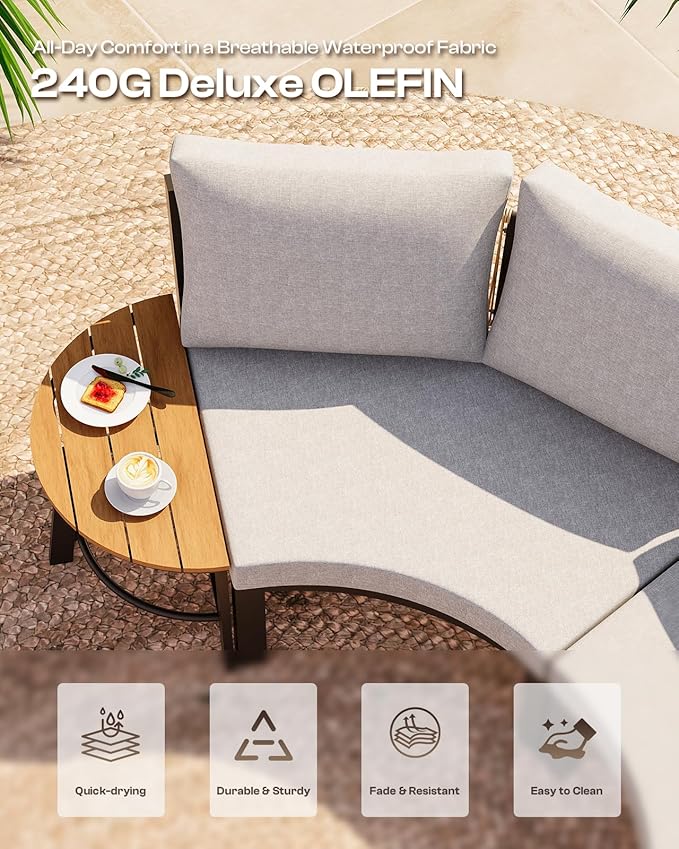 Outdoor Patio Furniture Set, 4 Piece Half Moon Aluminum Patio Conversation Sets Curved Sofa with PE Rope, All-Weather Sectional Furniture Set with Modular Coffee Table & Cushions, Gray
