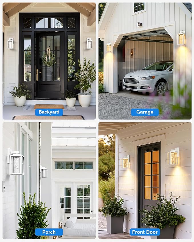 VIANIS White Outdoor Garage Lights Wall Mount, 2 Pack Dusk to Dawn Outdoor Coach Lights for House with Integrated 10W LED Light Source Crystal Bubble Glass, Modern Exterior Porch Light Wall Sconce