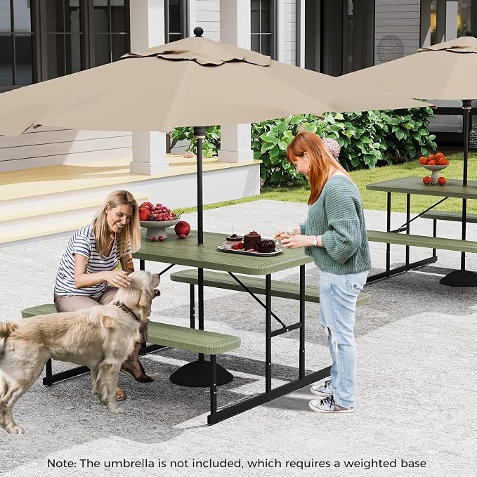 Giantex Picnic Table Bench Set for 4 People, 4.5FT Outdoor Rectangular Dining Table & 2 Benches w/Umbrella Hole, HDPE Tabletop, Metal Frame, Patio Garden Backyard Poolside, Green