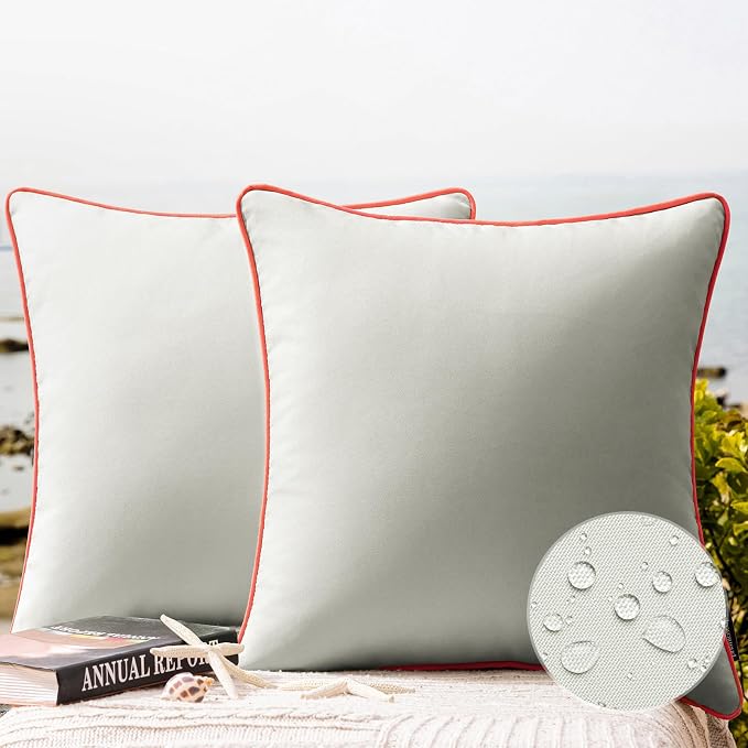 Phantoscope Pack of 2 Outdoor Waterproof Throw Pillow Covers with Contrast Piping, Decorative Square Cushion Case Patio Pillows for Couch Tent, Light Grey 18x18 inches