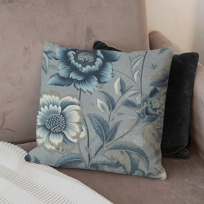 Spa On Flax Blue Chinoiserie Pillowcase Blue Grey Asian Flower Throw Pillow Cover Modern Throw Pillow Covers Farmhouse Decorative for Sofa Bed Chair Car 24x24 in
