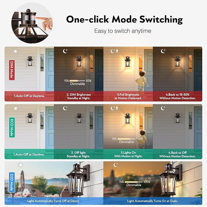 VIANIS Outdoor Motion Sensor Porch Light, Dusk to Dawn Outdoor Lighting Wall Sconce, Aluminum Oil Rubbed Bronze Gold Trim Exterior Lighting Fixtures, Weatherproof Outside Wall Lights for House, Patio