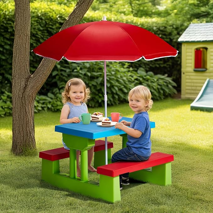 Kids Table and Chair Set, Toddler Plastic Outdoor Table & Bench Set with Removable Umbrella, Children Picnic Table Fits 4 Children for Backyard Garden, Red & Green & Blue