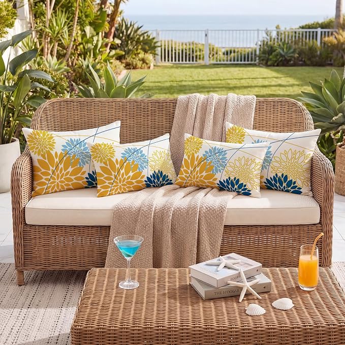 OTOSTAR Outdoor Golden Light Blue Pillow Covers 12x20 Inch Set of 2 Dark Blue Flower Throw Pillows Geometric Dahlia Floral Lumbar Cushion Case Waterproof Decor for Sofa Patio Funiture Garden