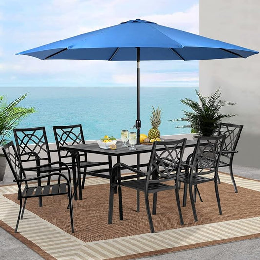 Crownland 7 Piece Outdoor Patio Metal Dining Sets, 6 Stackable Metal Chairs and Rectangular Outdoor Dining Table with with Dark Blue 9FT Round Outdoor Umbrella, for Backyard, Garden (Classic Black)