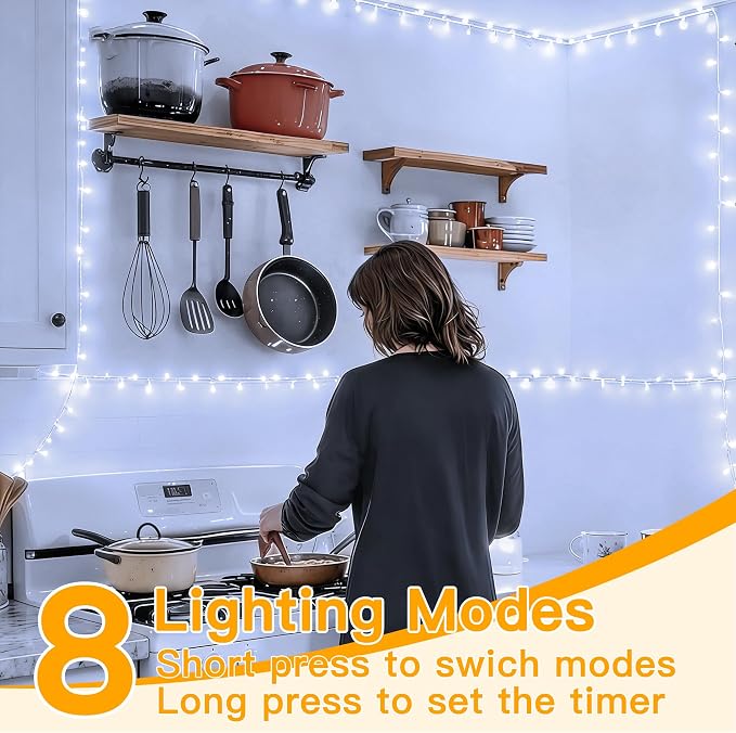 Ollny Christmas Lights 200LED 60FT Indoor, Cool White Connectable Plug in String Light Outdoor, 8 Modes Waterproof Timer LED Fairy Lights for House Outside Bedroom Patio Balcony
