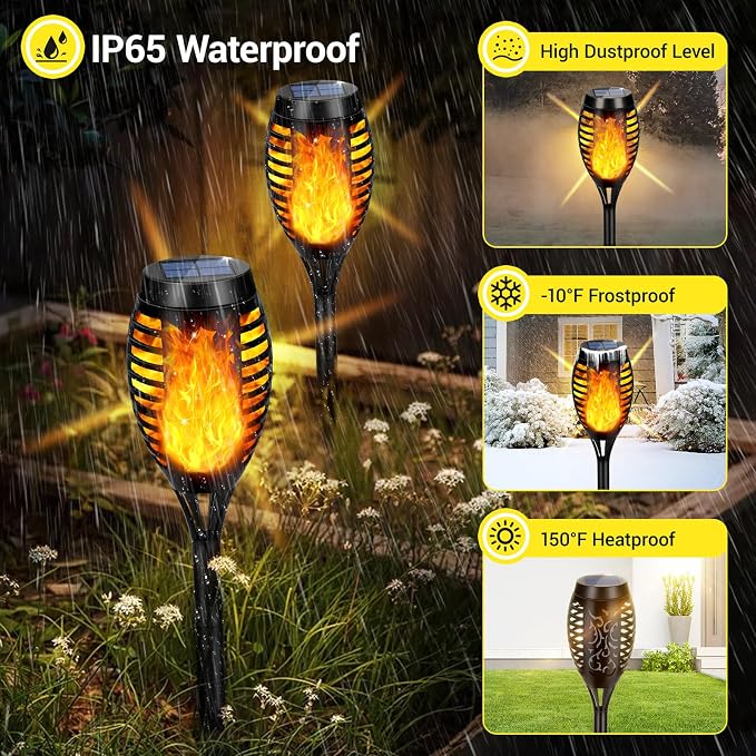 Solar Lights Outdoor, 4 Pack Solar Torch Light with Flickering Flame, Waterproof Outdoor Garden Lights for Yard, Tiki Torches for Outside Patio Pathway Decorations