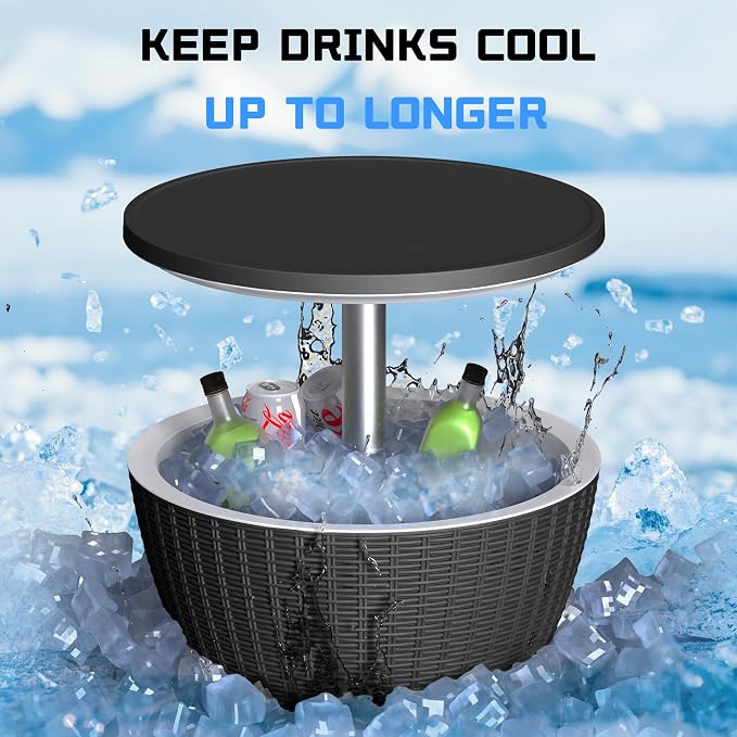 Outdoor Cool Bar Table 8 Gallon Portable Cooler Side Table,3-in-1 Cocktail Coffee Table Rattan Style,Sturdy, Waterproof & UV Resistant,Easy to Assemble & Clean for Indoor & Outdoor Use(Black)