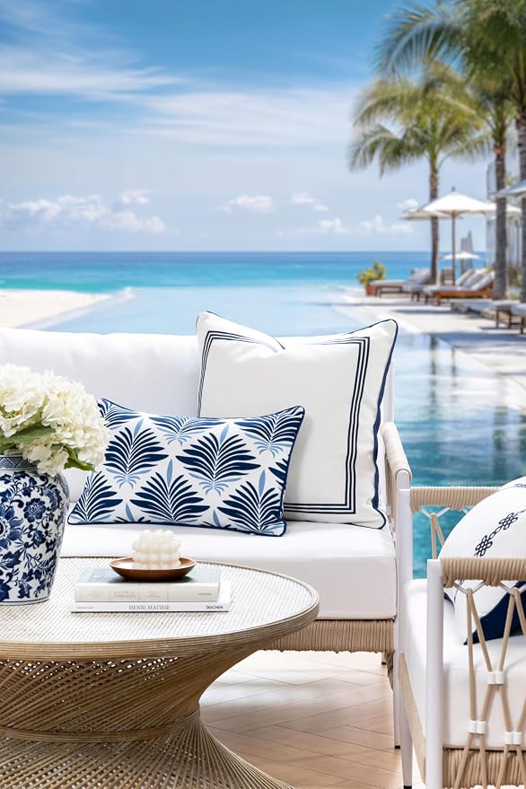Hofdeco Premium Coastal Hampton Patio Indoor Outdoor Lumbar Pillow Cover Only, 12"x20" Water Repellent for Backyard, Couch, Poolside, Navy Blue Print Abstract Plam Leaves