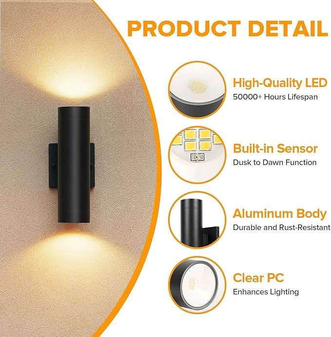 LUTEC Dusk to Dawn Outdoor Wall Lights, 16W Integrated LED Cylinder Up-Down Sconce, 3000K Waterproof Aluminum Exterior Lighting, Matte Black Modern Porch and Entryway Wall Light Fixture, 2 Pack