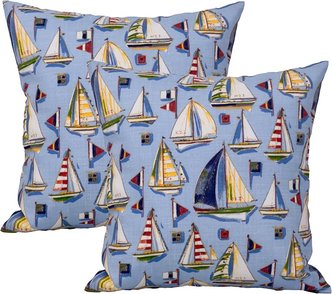 Outdoor Pillow Covers 18x18 Set of 2 Mist Sail Print, Waterproof & UV Resistant Polyester for Patio, Couch, Porch, Summer Nautical Decor