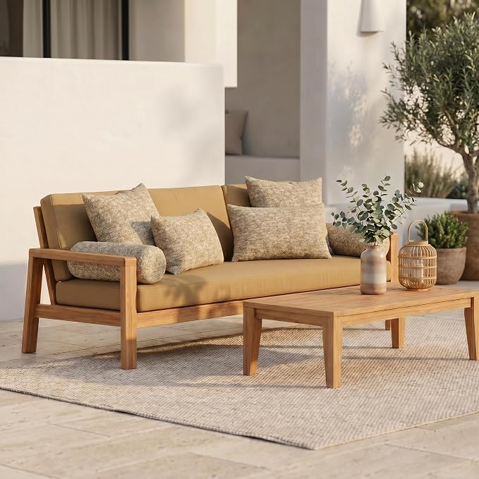 RSH DECOR: 6-Pack Pillow Set | Sunbrella Performance Fabric |Water & Fade-Resistant| 17" Square, 20"x12" Lumbar, 20"x6" Neck Roll | Outdoor Pillows for Patio Furniture | Made in USA (Berber Cafe)