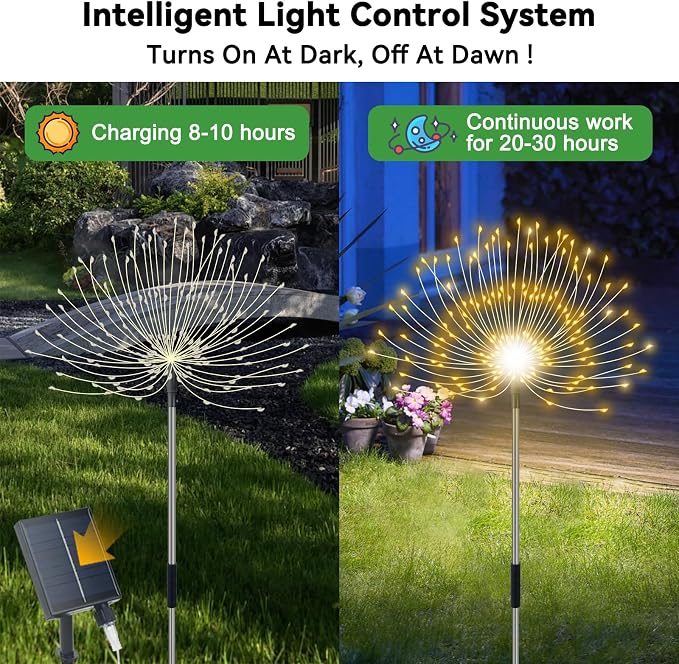 Slyuexu Solar Garden Lights Outdoor Waterproof, 4 Pack Total 480 LED Solar Firework Lights Decorative with 8 Lighting Modes Outside for Yard Pathway Flowerbed Decor, Warm White