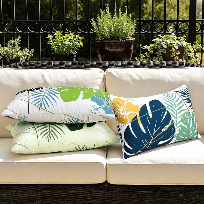 OTOSTAR Outdoor Waterproof Throw Pillow Covers 12x20 Inch Set of 2 Double-Sided Dark Blue Yellow Tropical Leaf and Flower Spring Summer Decorative Pillow Cases for Patio Funiture Garden Balcony Couch