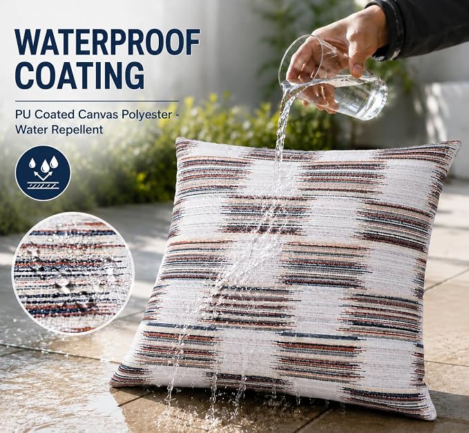Outdoor Pillow Covers Waterproof Throw Pillow Covers, Set of 2 Jacquard Texture Water Resistant Fade Resistant Decorative Cushion Covers for Garden Patio Bench Couch Sofa, 18x18 Inch (Woven Rainbow)