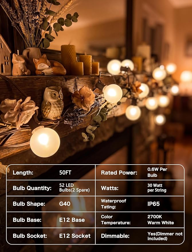 SUNSGNE 50FT Brown Outdoor Edison String Lights, Waterproof Shatterproof LED Globe String Lights with 50 G40 LED Frosted White Bulbs for Backyard Patio Porch Balcony Party Decor, E12 Base