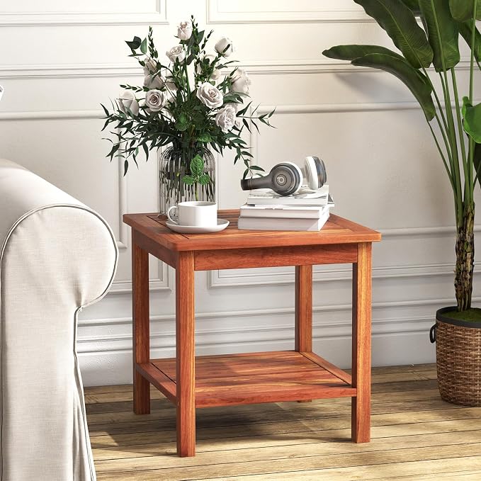 HAPPYGRILL Wood Outdoor Side Table Set of 2, Patio Square End Table, Sturdy Acacia Wood Coffee Table for Porch, Poolside, Backyard, Garden, Balcony, Living Room
