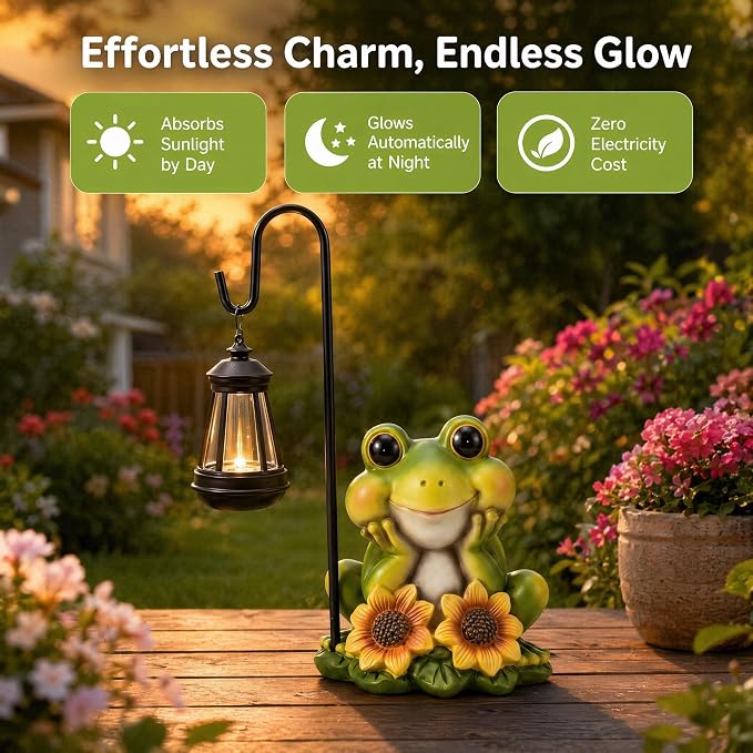 Solar Frog Garden Statue with LED Light – Hand-Painted Resin Outdoor Decor, Waterproof Lawn Ornament for Patio Yard Balcony, Unique Gift for Mom Grandma Women, Fairy Garden Decoration