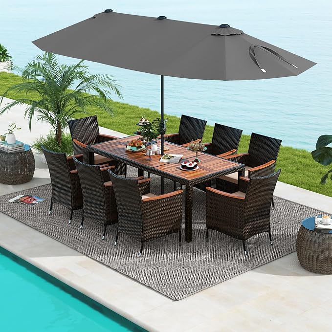 Tangkula 11 Pieces Patio Dining Set with 15ft Double-Sided LED Patio Umbrella (Base Included), Outdoor Rattan Furniture Set with 8 Stackable Chairs, Acacia Wood Dining Table and Umbrella (Gray)
