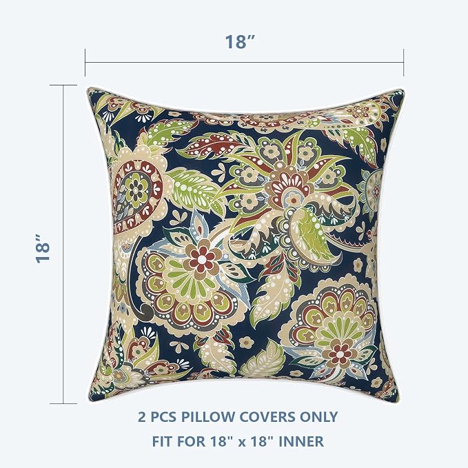 LVTXIII Outdoor Throw Pillow Covers Set of 2, Patio Waterproof Pillow Cases Fade Resistant Accent Pillow Covers for Home and Garden Furniture Decoration, 18"x18", Paisley Sapphire Blue
