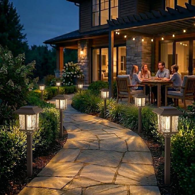 XMCOSY+ Solar Outdoor Lights Waterproof, 2-Tone Solar Garden Lights, 6 Pack | IP65 Waterproof Warm Glow, White Water Glass & Stainless Steel, Landscaping Decor for Garden Yard Pathway Driveway Walkway