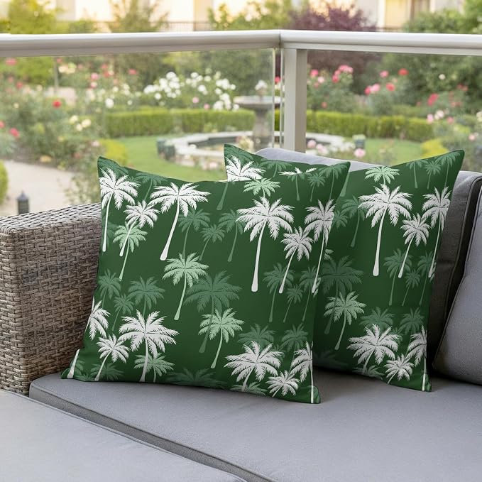 Throw Pillow Covers 26x26 Inch Set of 2, Tropical Palm Tree Waterproof Outdoor Pillow Covers, Green White Plants Coastal Leaf Beach Decorative Cushion Pillowcases for Couch, Sofa, Bed, Garden, Patio