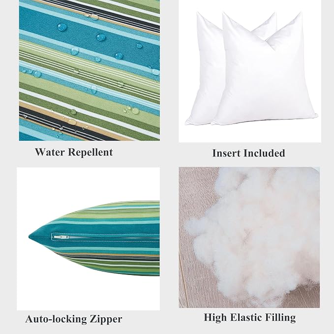 FUNHOME Outdoor Throw Pillows with Insert 18x18 Inch Pack of 2-Green Stripe | Decorative Throw Pillows with Inserts, Water-Repellent, Square Pillows for Bed, Couch, Sofa and Patio Furniture