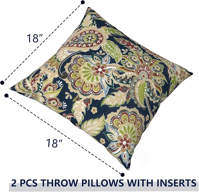 Outdoor Pillows with Insert 18x18 Inch, Waterproof Throw Pillow for Patio Furniture, Decorative Back Cushion for Garden Home Sofa Office Chair, Set of 2, Paisley Sapphire Blue