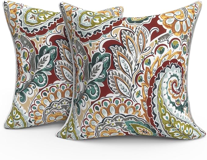 Outdoor Throw Pillows Inners, Fade Resistant Patio Furniture Square Pillows with Piping Set of 2 for Patio Furniture, 18x18 Inch, Paisley Chilli