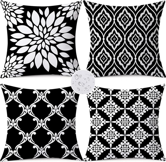 Outdoor Waterproof Throw Pillow Covers 20x20 Set of 4 Black and White Aesthetic Boho Decorative Cushion Cases for Patio Furniture Garden Porch Bench Couch Sunbrella
