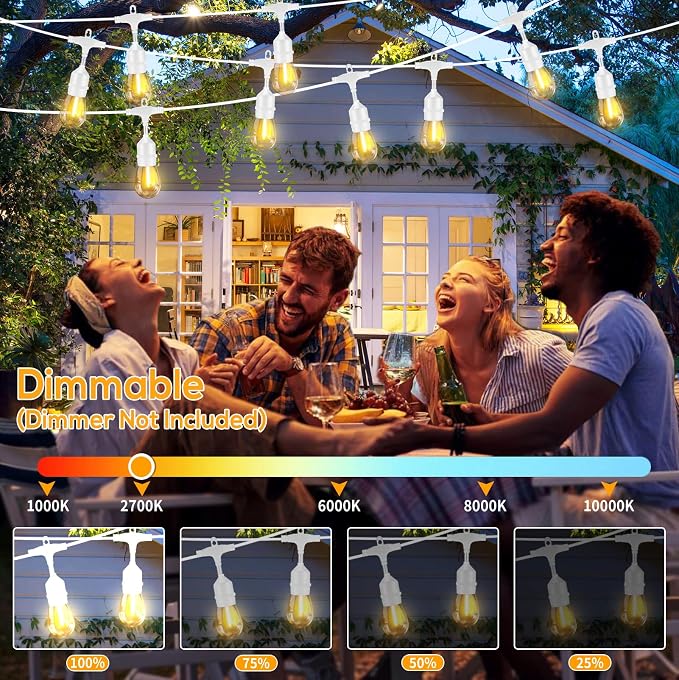Outdoor String Lights White LED Waterproof 100FT for Patio Backyard Wedding | Linkable White Outdoor Lighting IP65 Weatherproof , 30+2 Plastic Dimmable Edison Bulbs for Outside Bistro Garden Porch Gazebo