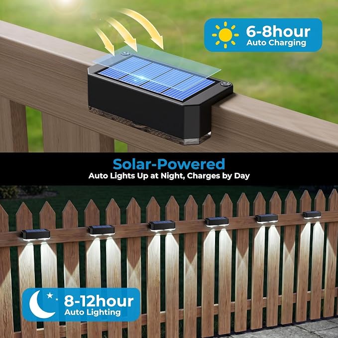 6 Pack Solar Fence Lights Outdoor, Railing Light Solar Powered, IP65 Waterproof Led Deck Solar Lights for Outside Backyard Balcony Porch, Cool White | Railing Light Solar Powered, IP65 Waterproof Led Deck Solar Lights for Outside Backyard Balcony Porch...