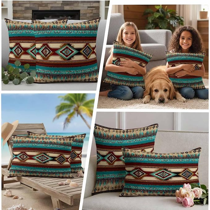 Boho Ethic Outdoor Pillow Covers 26"x26" Set of 2, Western Aztec Tribal Teal Brown Diamond Stripes Waterproof Throw Pillow Covers for Patio Furniture, Decorative Cushion Covers for Porch