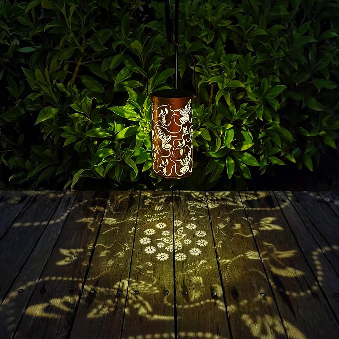 2 Pack Solar Lanterns Outdoor Hanging Hummingbird Decor Lantern,Waterproof Hollow Out Metal Decorative Garden Light,Graceful Decoration for Patio,Yard,Landscape,Festival