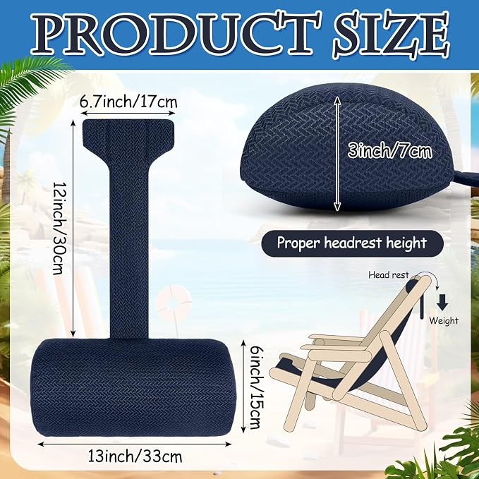 Kigley 2 Pcs Chaise Lounge Headrest Pillow for Patio Outdoor Pool Headrest Pillow Quick Drying Lounger Supplies for Adult with Non Slip Weighted Tail (Navy Blue)