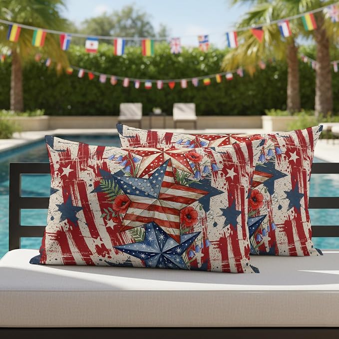 Independence Day Outdoor Pillow Covers 20"x12" Set of 2, Retro American Flag Star Red Flower Abstract Country Waterproof Throw Pillow Covers for Patio Furniture, Decorative Cushion Covers for Porch